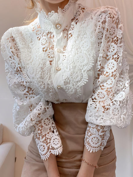 White Lace Pearl Button Up Blouse