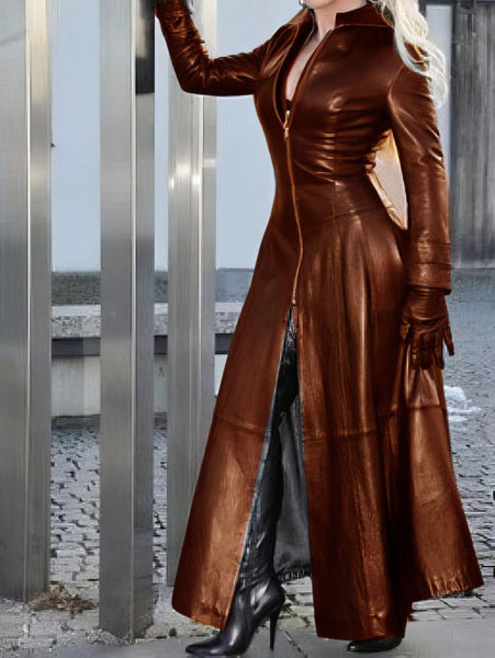 Women's Vegan Leather Zip-Front Stand Collar Midi Dress