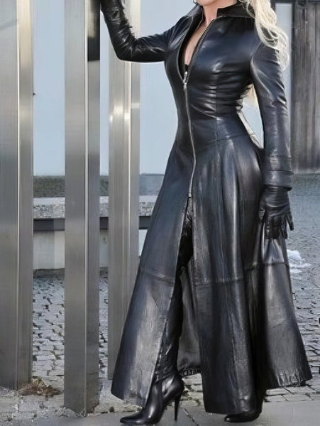 Women's Vegan Leather Zip-Front Stand Collar Midi Dress