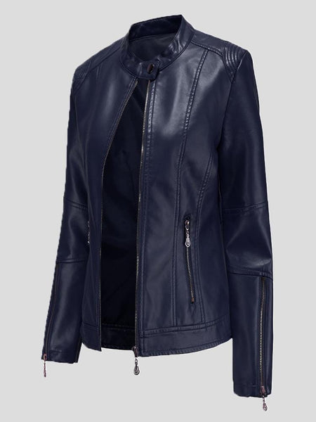 Women's Stand-Up Collar Zipper PU Leather Jacket