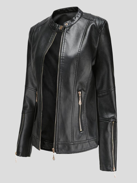 Women's Stand-Up Collar Zipper PU Leather Jacket