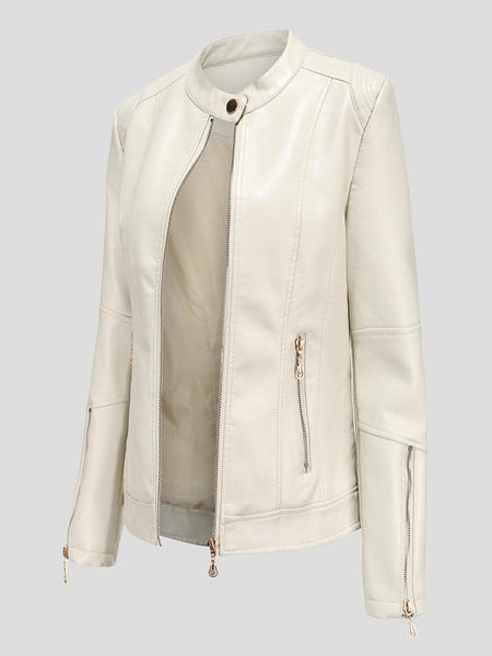 Women's Stand-Up Collar Zipper PU Leather Jacket