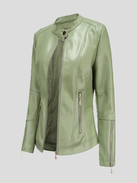 Women's Stand-Up Collar Zipper PU Leather Jacket