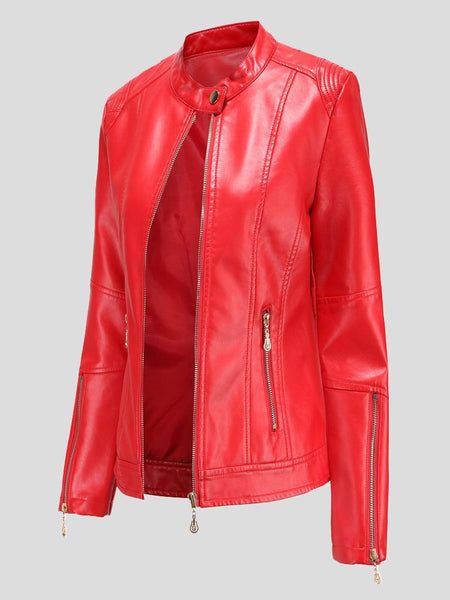 Women's Stand-Up Collar Zipper PU Leather Jacket