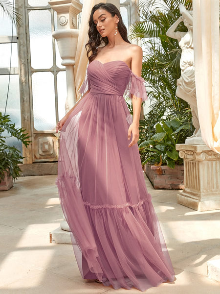 Elegant Floor-Length Strapless Ruffles A-Line Evening Gown