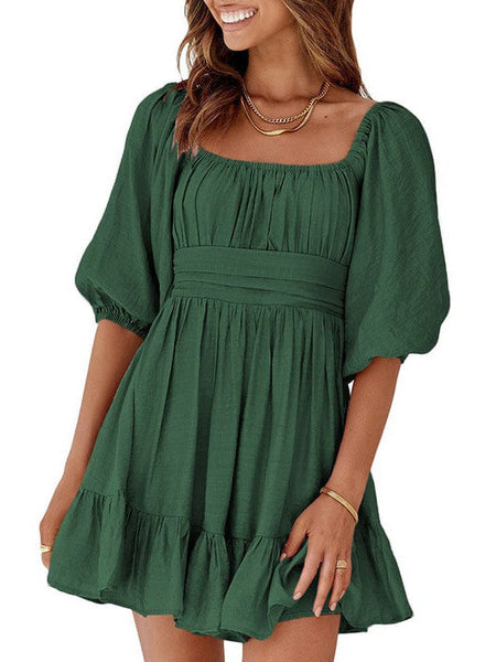 Women's Square Neck Lantern Sleeve Tie Backless Ruffle A-Line Casual Mini Dress