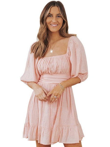 Women's Square Neck Lantern Sleeve Tie Backless Ruffle A-Line Casual Mini Dress