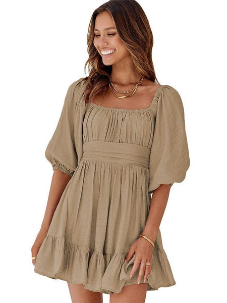 Women's Square Neck Lantern Sleeve Tie Backless Ruffle A-Line Casual Mini Dress