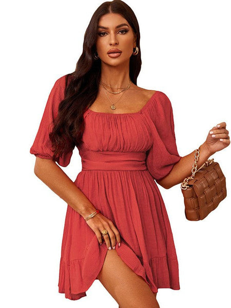 Women's Square Neck Lantern Sleeve Tie Backless Ruffle A-Line Casual Mini Dress