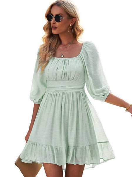 Women's Square Neck Lantern Sleeve Tie Backless Ruffle A-Line Casual Mini Dress
