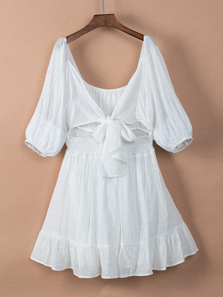 Women's Square Neck Lantern Sleeve Tie Backless Ruffle A-Line Casual Mini Dress
