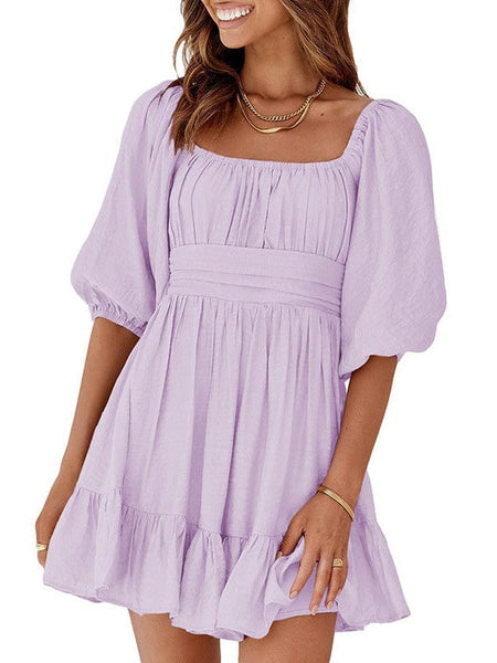 Women's Square Neck Lantern Sleeve Tie Backless Ruffle A-Line Casual Mini Dress