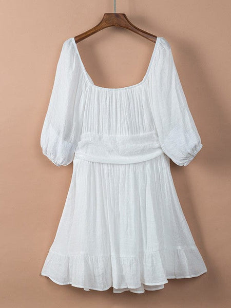 Women's Square Neck Lantern Sleeve Tie Backless Ruffle A-Line Casual Mini Dress