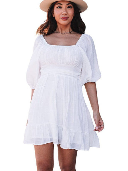 Women's Square Neck Lantern Sleeve Tie Backless Ruffle A-Line Casual Mini Dress