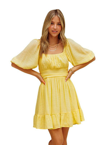 Women's Square Neck Lantern Sleeve Tie Backless Ruffle A-Line Casual Mini Dress