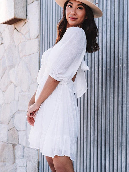 Women's Square Neck Lantern Sleeve Tie Backless Ruffle A-Line Casual Mini Dress