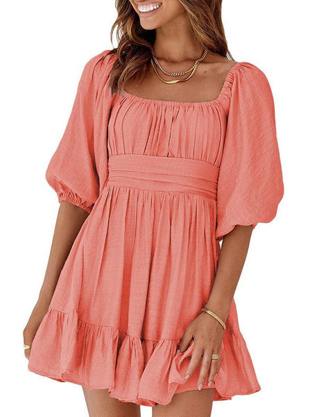 Women's Square Neck Lantern Sleeve Tie Backless Ruffle A-Line Casual Mini Dress