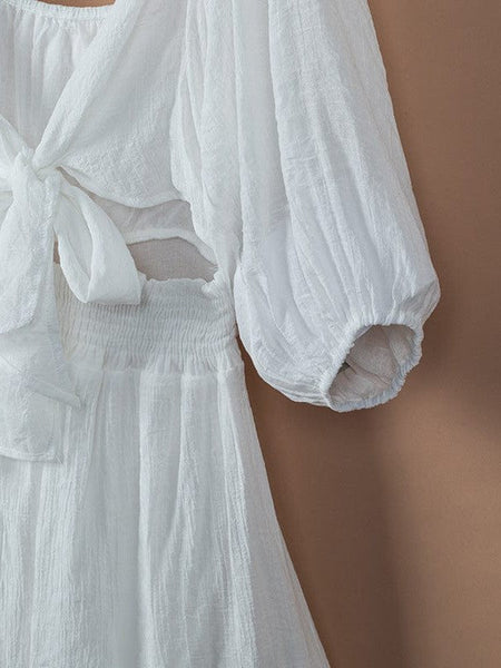 Women's Square Neck Lantern Sleeve Tie Backless Ruffle A-Line Casual Mini Dress