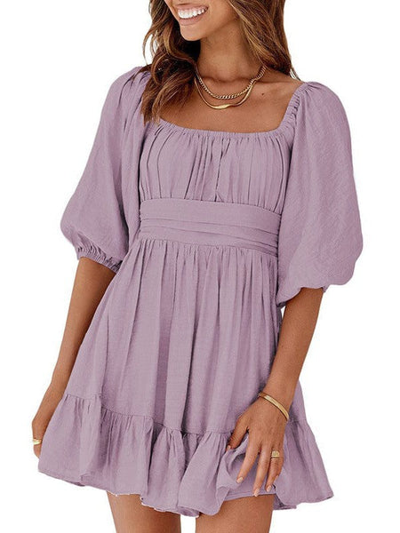 Women's Square Neck Lantern Sleeve Tie Backless Ruffle A-Line Casual Mini Dress
