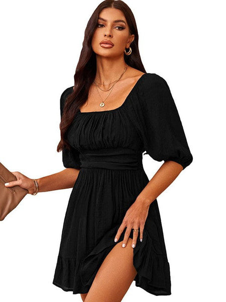 Women's Square Neck Lantern Sleeve Tie Backless Ruffle A-Line Casual Mini Dress