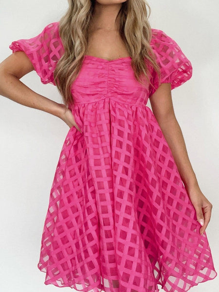 Women's Fuchsia Checkered Organza Babydoll Dress with Puff Sleeves
