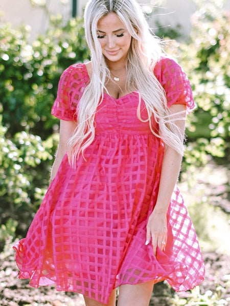 Women's Fuchsia Checkered Organza Babydoll Dress with Puff Sleeves