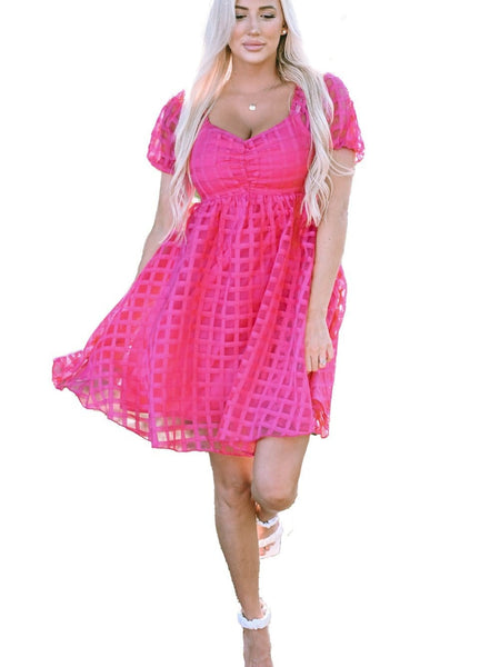 Women's Fuchsia Checkered Organza Babydoll Dress with Puff Sleeves
