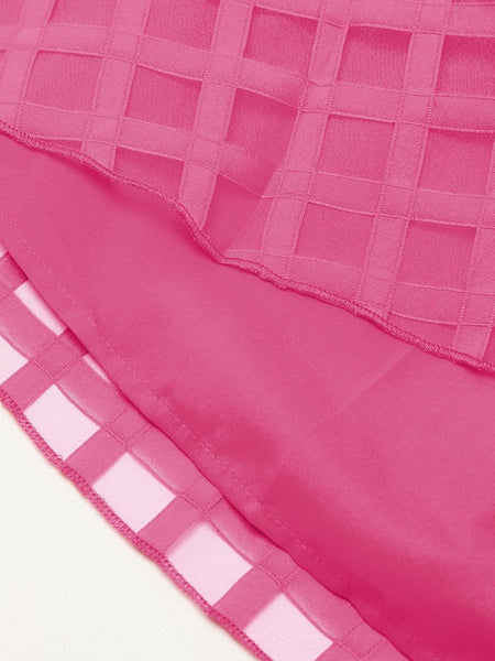 Women's Fuchsia Checkered Organza Babydoll Dress with Puff Sleeves