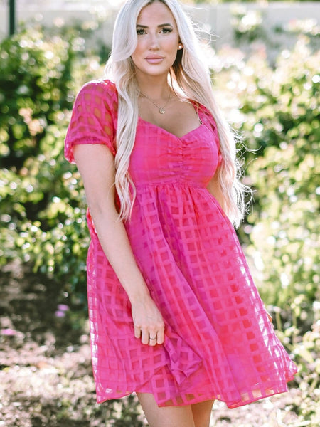 Women's Fuchsia Checkered Organza Babydoll Dress with Puff Sleeves