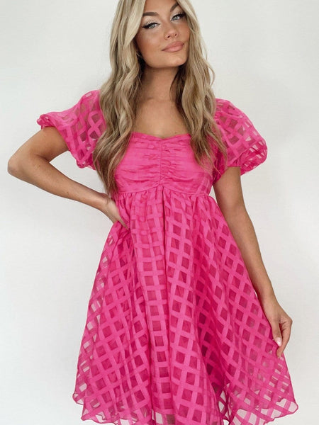 Women's Fuchsia Checkered Organza Babydoll Dress with Puff Sleeves