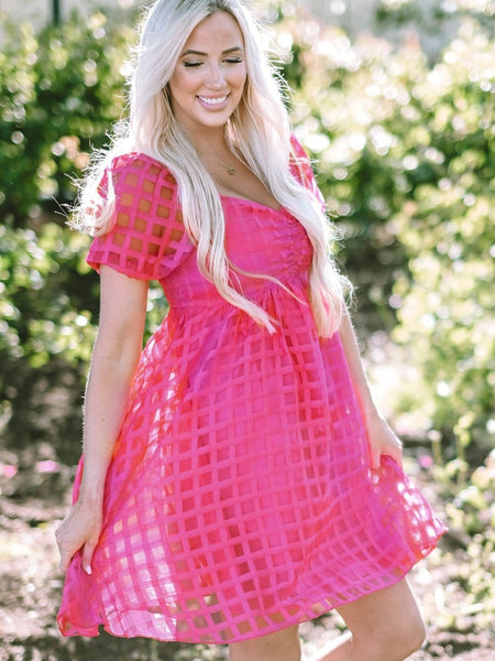 Women's Fuchsia Checkered Organza Babydoll Dress with Puff Sleeves