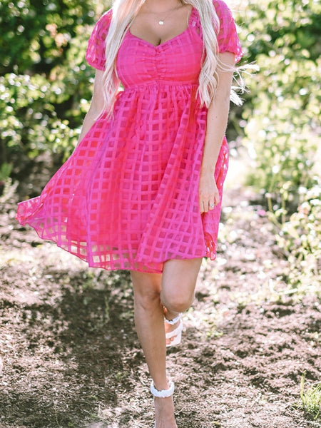 Women's Fuchsia Checkered Organza Babydoll Dress with Puff Sleeves