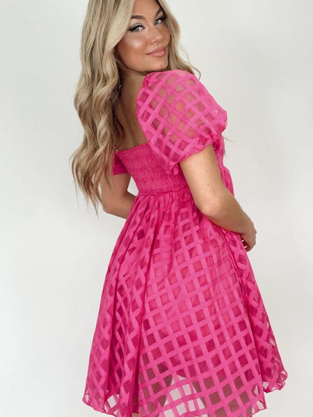Women's Fuchsia Checkered Organza Babydoll Dress with Puff Sleeves