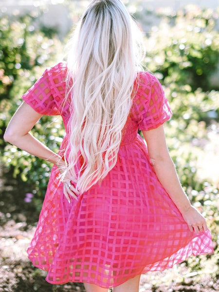 Women's Fuchsia Checkered Organza Babydoll Dress with Puff Sleeves