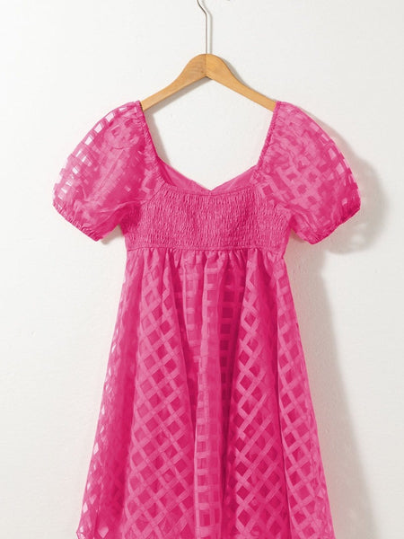 Women's Fuchsia Checkered Organza Babydoll Dress with Puff Sleeves