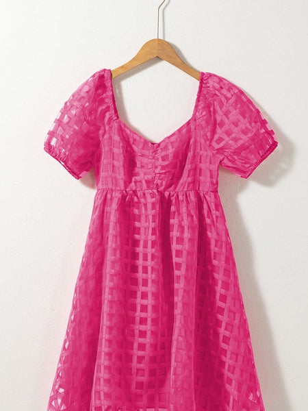 Women's Fuchsia Checkered Organza Babydoll Dress with Puff Sleeves