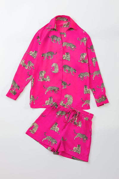 Women's Pink Cheetah Satin Loungewear Set in Loungewear