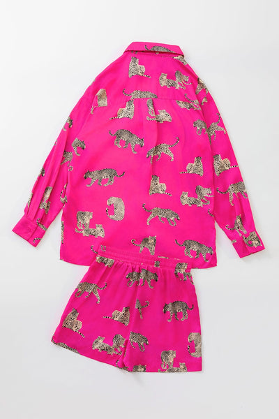 Women's Hot Pink Cheetah Print Satin Pajama Lounge Set