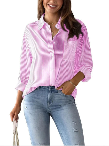 Women's Striped Button Down Roll-up Long Sleeves Point Collar Blouse