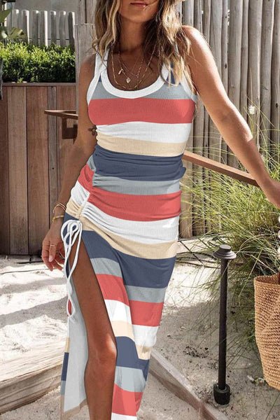 Women's Summer V-neck Button Solid Long Dress
