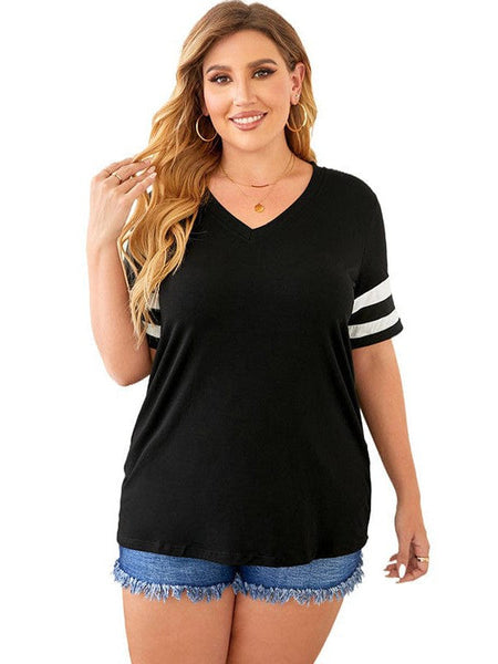 Striped Contrast Loose Fit V-Neck T-Shirt For Women In Plus Size
