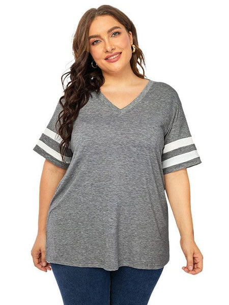 Striped Contrast Loose Fit V-Neck T-Shirt For Women In Plus Size