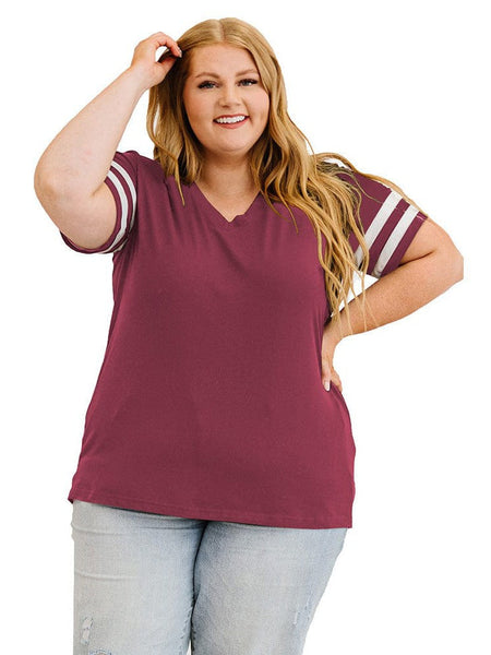 Striped Contrast Loose Fit V-Neck T-Shirt For Women In Plus Size