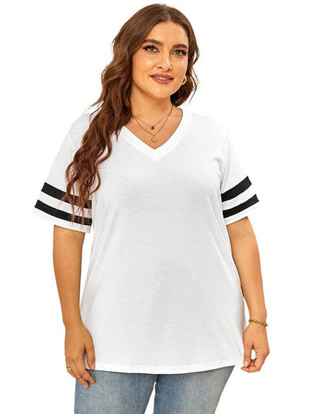 Striped Contrast Loose Fit V-Neck T-Shirt For Women In Plus Size