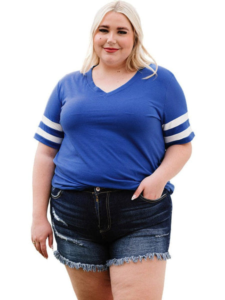 Striped Contrast Loose Fit V-Neck T-Shirt For Women In Plus Size
