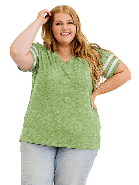 Striped Contrast Loose Fit V-Neck T-Shirt For Women In Plus Size
