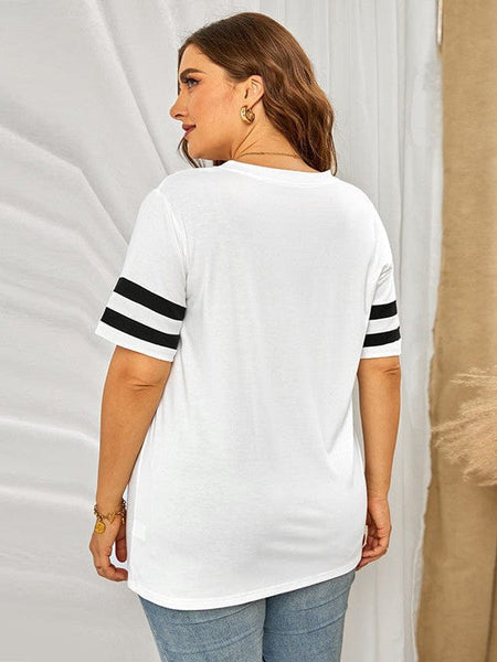 Striped Contrast Loose Fit V-Neck T-Shirt For Women In Plus Size