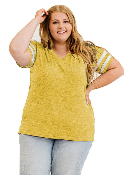 Striped Contrast Loose Fit V-Neck T-Shirt For Women In Plus Size