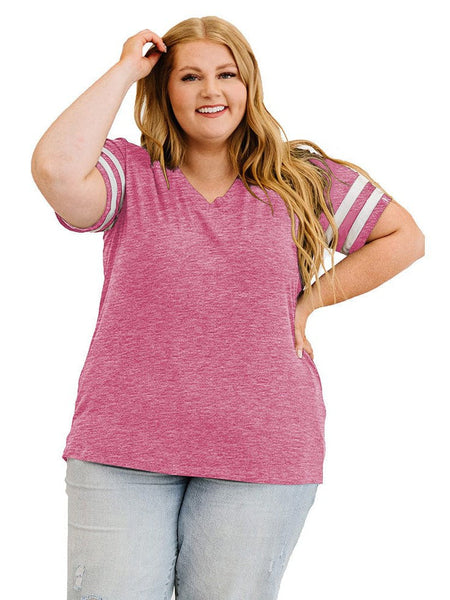 Striped Contrast Loose Fit V-Neck T-Shirt For Women In Plus Size