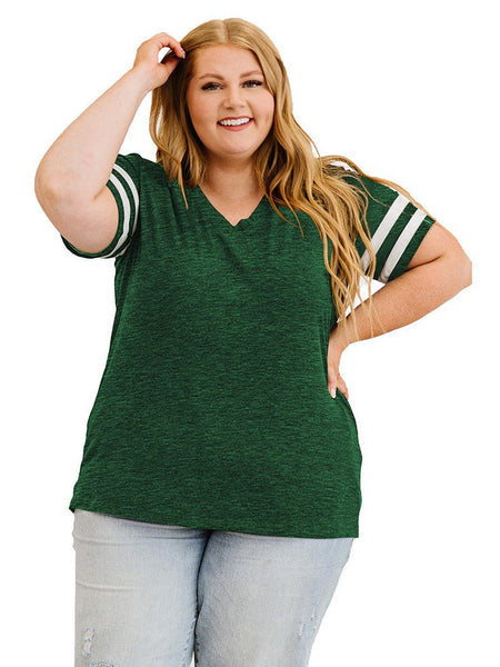 Striped Contrast Loose Fit V-Neck T-Shirt For Women In Plus Size